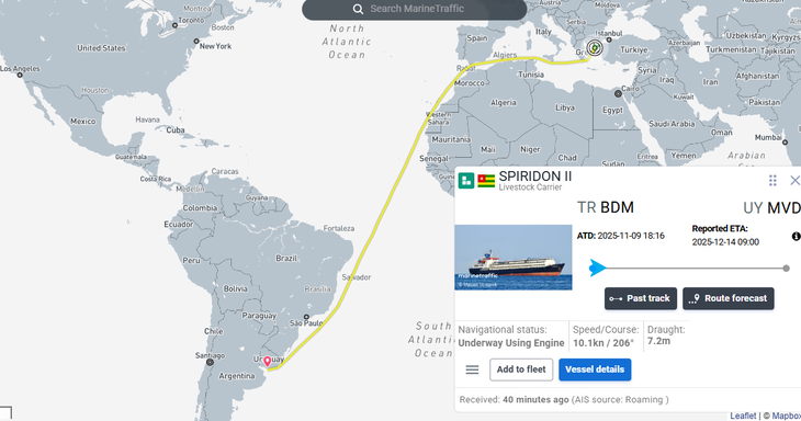 La plataforma MarineTraffic advierte sobre el regreso del buque a Uruguay. La plataforma MarineTraffic advierte sobre el regreso del buque a Uruguay.