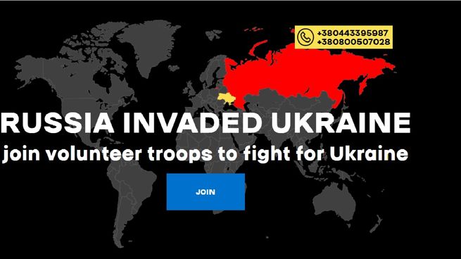 La portada de la web de Ucrania para enlistar extranjeros.