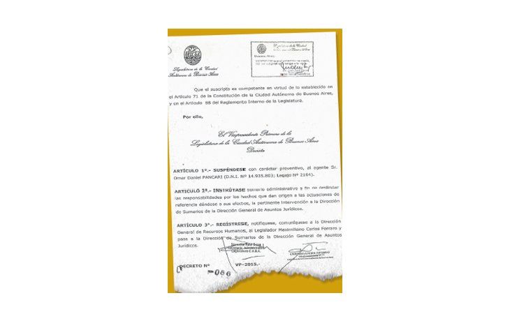 ámbito.com | Copia de la resolución firmada ayer por Christian Ritondo como vicepresidente de la Legislatura porteña en la que dispone  suspender con carácter preventivo al agente Omar Pancari y la apertura de un sumario para deslindar responsabilidades por la denunci