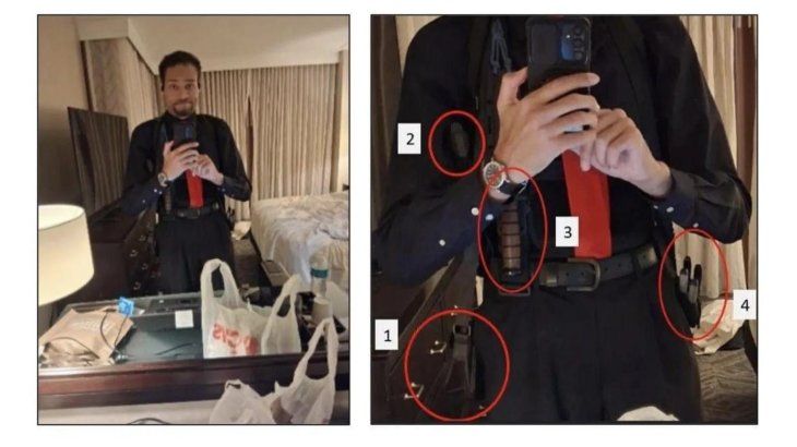 En el nuevo memorándum, los fiscales afirman que Allen se tomó fotos a sí mismo con su teléfono celular alrededor de las 20:03 con ropa formal, una funda de hombro para pistola, alicates y cortadores de alambre.