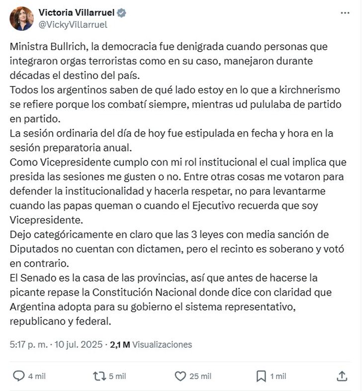 La respuesta de Villarruel a la ministra Patricia Bullrich La respuesta de Villarruel a la ministra Patricia Bullrich