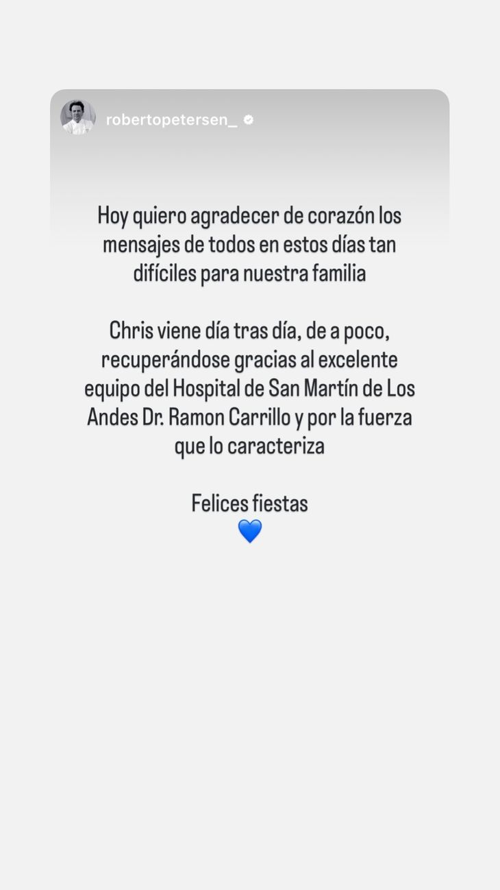 Roberto Petersen, hermano del cocinero, destacó la fortaleza de Christian y el acompañamiento recibido durante los días más críticos. Roberto Petersen, hermano del cocinero, destacó la fortaleza de Christian y el acompañamiento recibido durante los días más críticos.