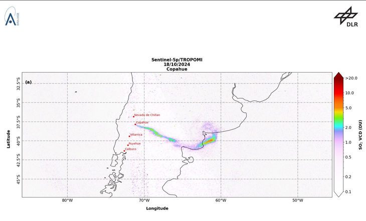 Imagen satelital TROPOMI correspondiente al d&iacute;a 18 de octubre de 2024, mostrando la dispersi&oacute;n de la pluma de SO en direcci&oacute;n Sureste (SE).