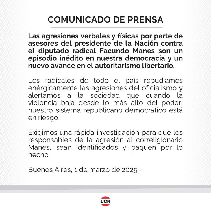 El comunicado de la UCR tras el cruce de Facundo Manes con Santiago Caputo.