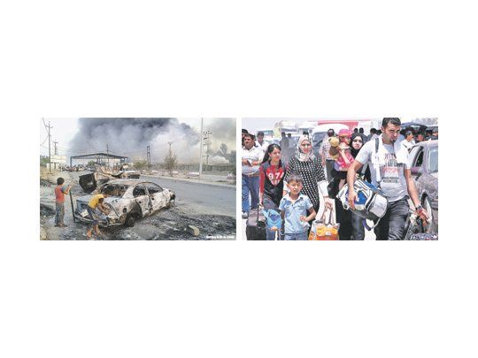 Tras cuatro días de intensos combates contra las fuerzas de seguridad, los combatientes del Estado Islámico de Irak y el Levante tomaron el control de Mosul y provocaron la huida de soldados y policías (izquierda). Inmediatamente, miles de habitantes comenzaron el éxodo hacia la frontera con el Kurdistán (derecha). El avance yihadista provoca alarma en el país y en Occidente, que ve peligrar su estrategia de posguerra.