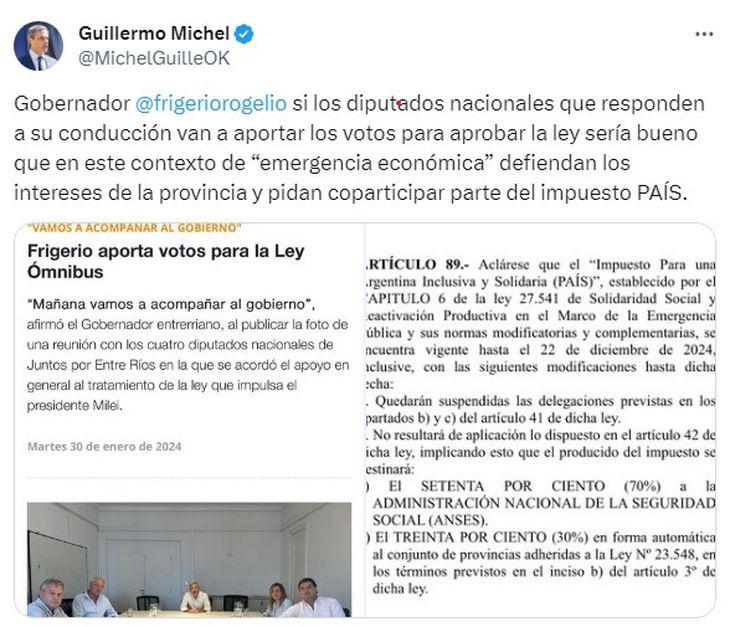 El tuit de Guillermo Michel contra Rogelio Frigerio. El tuit de Guillermo Michel contra Rogelio Frigerio.
