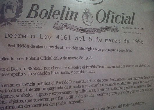 El decreto de 1956 que proscribió al Peronismo.