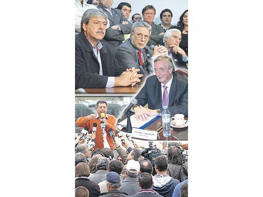 Tensa jornada ayer -una más- en el interminable conflicto campo-gobierno. A última hora, dirigentes agropecuarios ( Eduardo Buzzi, Mario Llambías y Luciano Miguens en la foto) decidieron el paro. Antes, Néstor Kirchner encabezó cumbre del PJ por la puja y Alfredo de Angeli confirmó medidas.