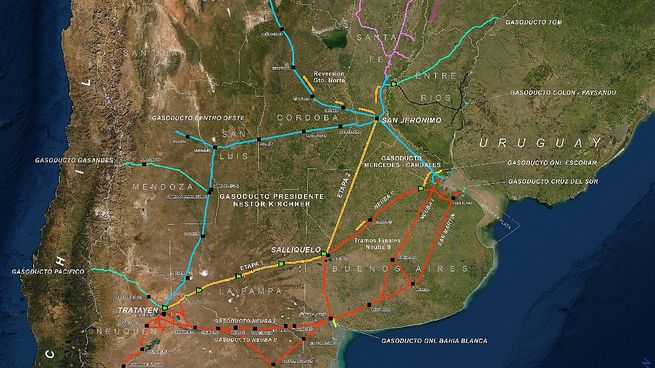 Gasoducto Néstor Kirchner (en color amarillo). La segunda etapa entre Salliqueló y San Jerónimo en Santa Fe completarán 39 millones mm3/d, ampliando en un 30% los gasoductos troncales.