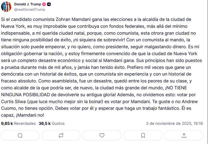 El presidente de EEUU y una amenaza en la previa de las elecciones de Nueva York.