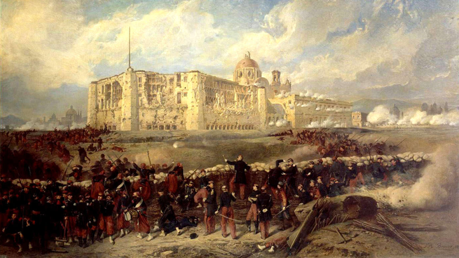 En 1863 Jesús González Ortega rinde la plaza de Puebla al ejército expedicionario francés. 