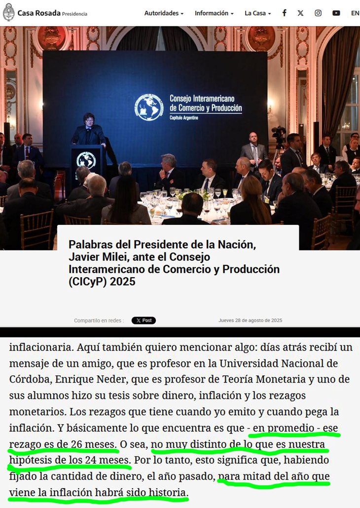 En agosto de este año, viendo que la inflación no cedía como esperaba, Javier Milei corrió otra vez el arco, apelando a un tweet de Enrique Neder. El trabajo al que hacen referencia -asi como los estudios sobre sus referencias previas- nunca fue difundido. ¿Hace falta aclara que el establishment económico nunca lo cuestionó? En agosto de este año, viendo que la inflación no cedía como esperaba, Javier Milei corrió otra vez el arco, apelando a un tweet de Enrique Neder. El trabajo al que hacen referencia -asi como los estudios sobre sus referencias previas- nunca fue difundido. ¿Hace falta aclara que el establishment económico nunca lo cuestionó?