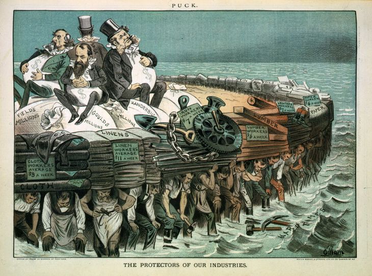 “The Gilded Age” (La Época Dorada Norteamericana, 1877-1900) fue el período de mayor crecimiento económico de los EE.UU. Si bien la situación personal mejoró de manera significativa, no lo hizo tan rápidamente como lo hicieron las grandes fortunas (todas en su primer generación y la mayoría inmigrantes). Caricatura de la revista Puck de febrero de 1883, cuestionando los bajos salarios. “The Gilded Age” (La Época Dorada Norteamericana, 1877-1900) fue el período de mayor crecimiento económico de los EE.UU. Si bien la situación personal mejoró de manera significativa, no lo hizo tan rápidamente como lo hicieron las grandes fortunas (todas en su primer generación y la mayoría inmigrantes). Caricatura de la revista Puck de febrero de 1883, cuestionando los bajos salarios.