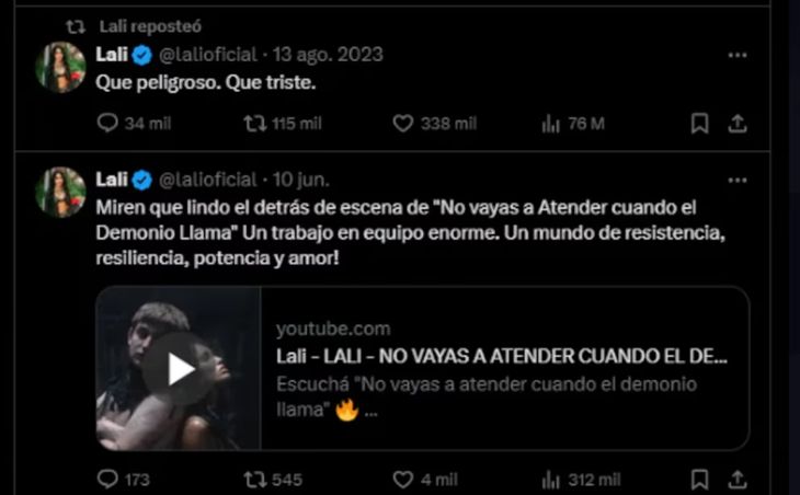 Lali Espósito reposteó el tuit que había utilizado cuando Javier Milei ganó las PASO en agosto de 2023. Ahora fue por el fallo contra Cristina Kirchner.