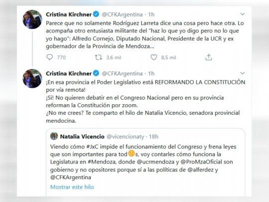 Cristina Fernández de Kirchner criticó a Alfredo Cornejo.