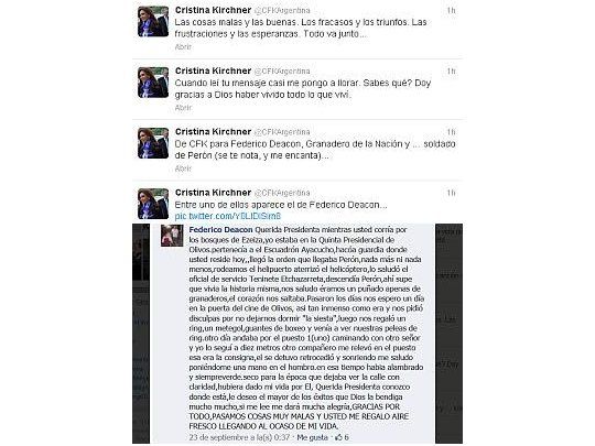 Los tuits de Cristina de Kirchner y el texto que le envió el exgendarme Federico Deacon por Facebook.