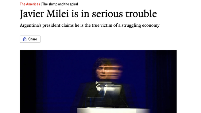 The Economist advirtió que Javier Milei atraviesa un escenario complejo por la economía, las investigaciones judiciales y la caída de su imagen.
