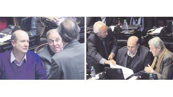 Cabildeos entre los diputados en una de las sesiones más mansas del año, que curiosamente no se exasperó por la campaña electoral. En las imágenes, el macrista Federico Sturzenegger y los peronistas Héctor Recalde, José María Díaz Bancalari y Carlos Kunkel. Terminó temprano.