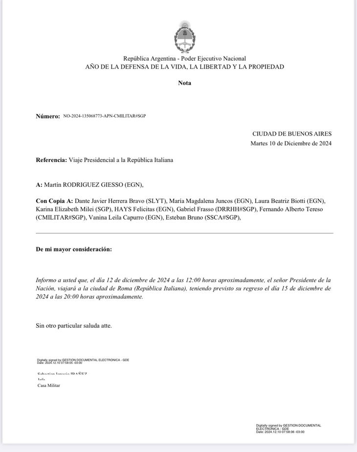 Notificación del viaje presidencial a Victoria Villarruel. 