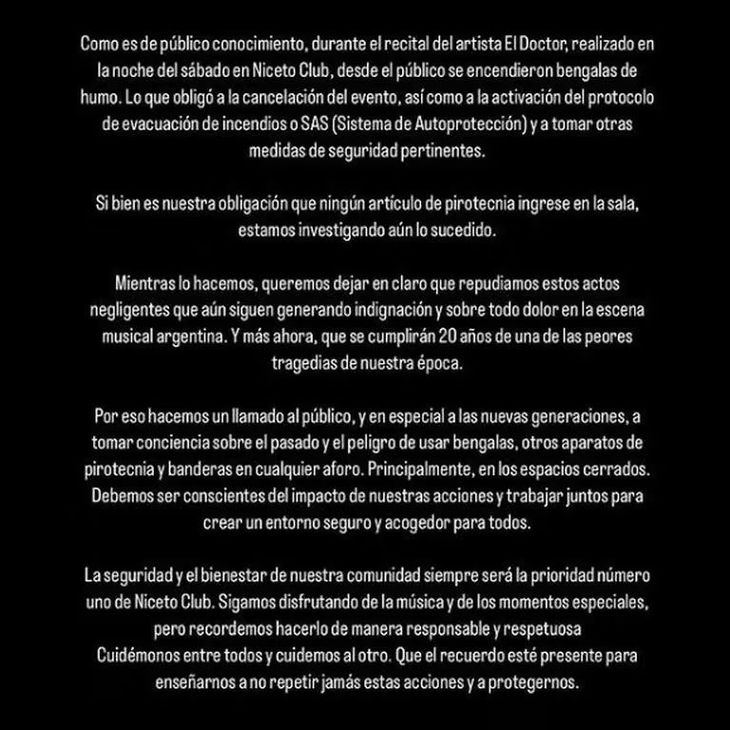 El comunicado de Niceto Club luego del suceso. El comunicado de Niceto Club luego del suceso.