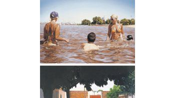 Arriba, «Catalunya» de Pedro Iacomuzzi, quien a partir de fotografías que él mismo toma, divide los matices de luz y sombra para luego destacarlos con la pintura. Abajo, un paisaje suburbano de Mario Godoy, quien recupera un realismo que recuerda algunas obras de Berni.