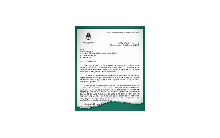 ámbito.com | Cristina de Kirchner le giró ayer a Eduardo Fellner una nota en la que le solicita que conforme las comisiones de Presupuesto y Hacienda y de Finanzas para que, junto a Julio Cobos, analicen la remoción de Martín Redrado.
