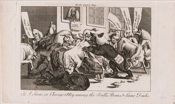 Grabado de 1770 representando la fauna bursátil, los osos, los toros y los patos rengos que huyen sin hacer frente a sus obligaciones Grabado de 1770 representando la fauna bursátil, los osos, los toros y los patos rengos que huyen sin hacer frente a sus obligaciones