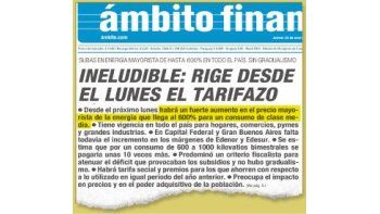 ámbito.com | En su edición del jueves  28 de enero,  Ámbito Financiero anticipó el porcentaje de incrementos para las tarifas eléctricas que finalmente se oficializarán hoy cuando se publiquen los cuadros en el Boletín Oficial.