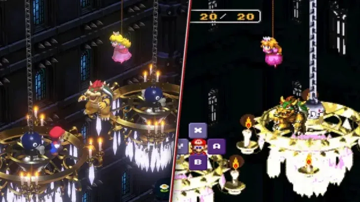 Comparativa entre Super Mario RPG Remake (izquierda) y Super Mario RPG: la leyenda de las siete estrellas (derecha)