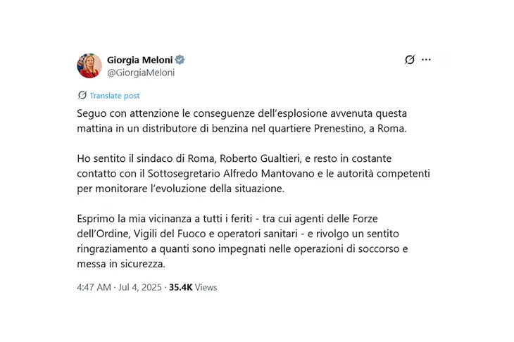 Meloni lamentó los hechos en su cuenta de X. 