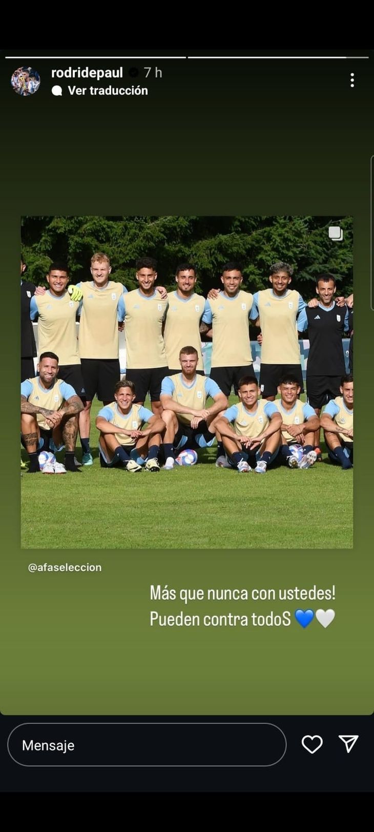 Through an Instagram story, Rodrigo De Paul supported his teammates from the U23 team.