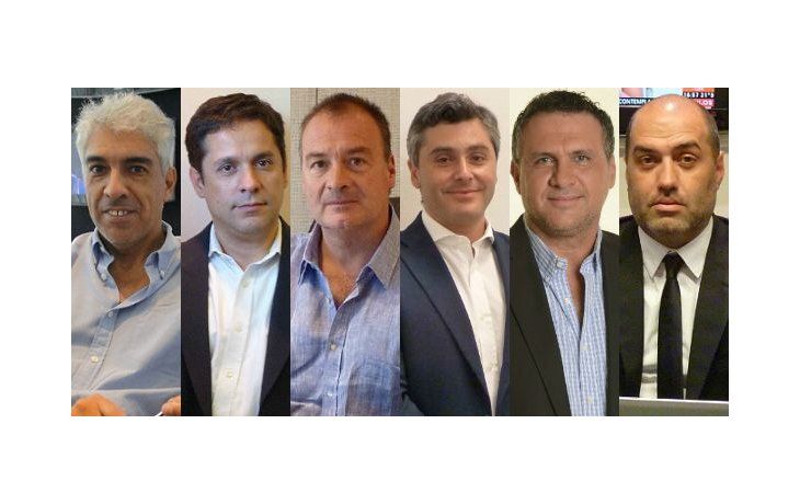 De izq. a der.: Francisco Mármol (Director de Contenidos y Programación de Indalo Media), Sebastián Aguirre (Jefe de Noticias de Radio 10 y Adjunto de Dirección de Contenidos), Martin Rubio (Director Artístico del Grupo de Radios), Pablo Jiménez (Director de Contenidos Digitales), Mauro Federico (Director Periodístico de Ambito Financiero) y Marcelo Salomone (Gerente Periodístico de C5N).