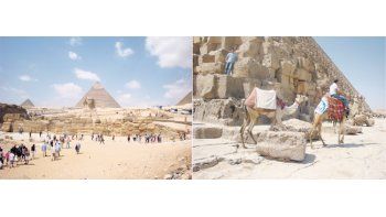 ámbito.com | La Esfinge y las Pirámides de Giza, entre las que sobresalen los famosos monumentos de Keops, Kefrén y Micerino (izquierda). El histórico sitio puede recorrerse a lomo de camello (derecha).