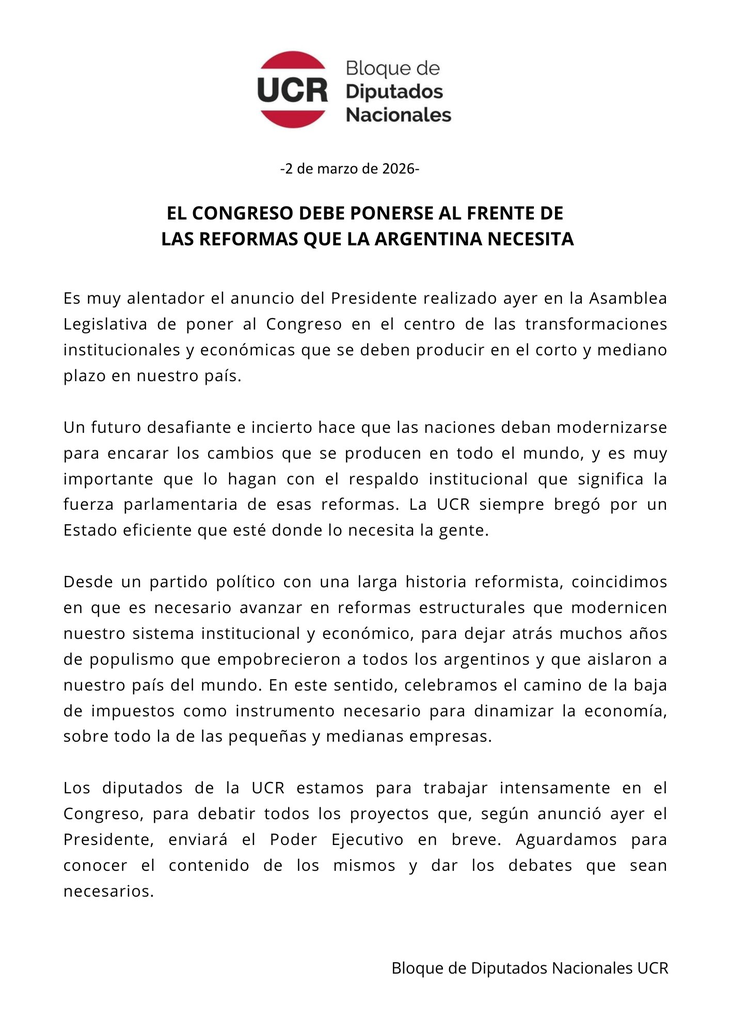 El guiño de la bancada de la UCR al polémico discurso que Milei pronunció el domingo en el Congreso. El guiño de la bancada de la UCR al polémico discurso que Milei pronunció el domingo en el Congreso.