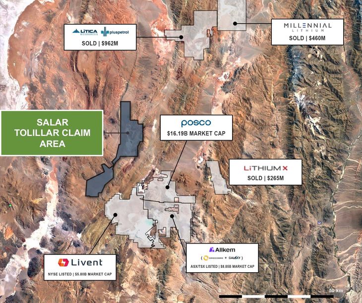 La ubicación del Salar del Tolillar en Salta, tiene 27.500 hectáreas, rodeado de otros proyectos de multinacionales, según publica Alpha Lithium