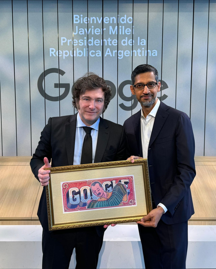 El presidente Javier Milei y el CEO de Google, Sundar Pichai. El presidente Javier Milei y el CEO de Google, Sundar Pichai.