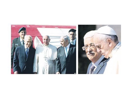 El papa Francisco ayer en Israel, con el presidente Shimón Peres y el premier Benjamín Netanyahu (arriba), y en  Belén, con el mandatario palestino Mahmud Abás. (derecha). “Vivir sin paz es un tormento”, dijo.