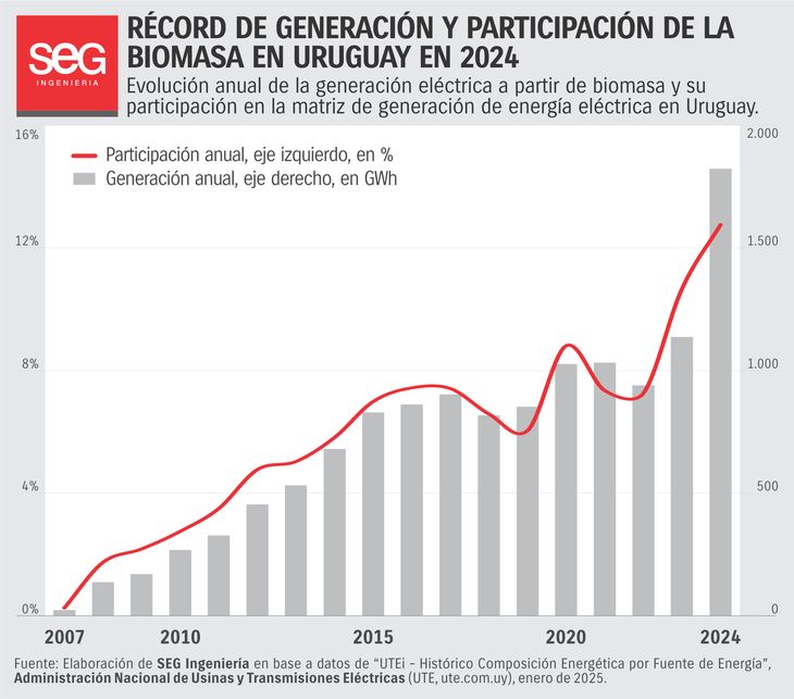 La generación de energía por biomasa creció un 60% interanual en 2024. La generación de energía por biomasa creció un 60% interanual en 2024.