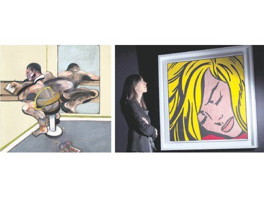 «Figure Writing Reflected in Mirror» de Francis Bacon fue la otra obra vendida en casi 45 millones de dólares en la subasta de Sotheby’s., Una contempladora ante «Sleeping Girl» de Roy Lichtenstein, artista que evidencia un fuerte influjo del comic.