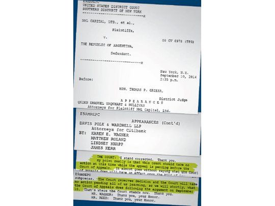 Griesa abrió su tribunal ayer para una nueva audiencia y demostró que defenderá a Wall Street. El encuentro terminó con un respaldo al Citibank y la espera de la decisión de la Cámara de Apelaciones de Nueva York del próximo jueves 18 de septiembre.