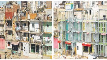 Antes y después.  Los cambios se evidencian en la fachada con balcones, terrazas y escaleras más seguras para los habitantes.