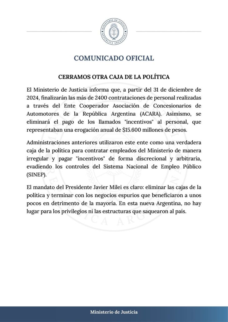 Comunicado oficial sobre la baja de contrataciones. 