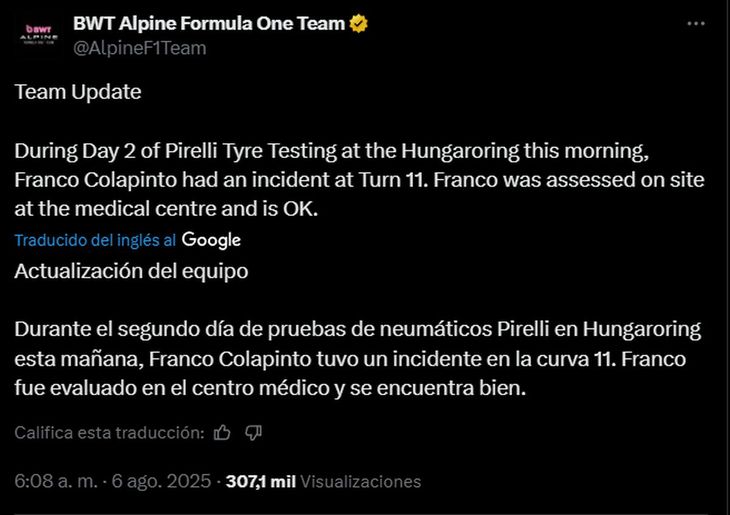 Alpine's message in the networks that brought tranquility to the Pillare fans. Alpine's message in the networks that brought tranquility to the Pillare fans.