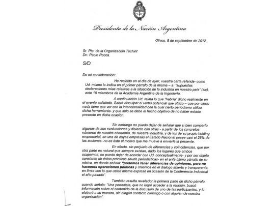 La carta de la Presidente al titular de Techint