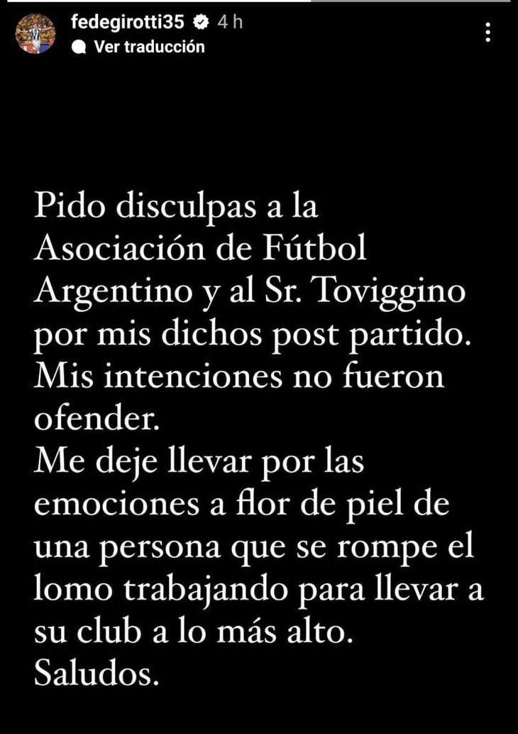 Talleres forward Federico Girotti made his defense through a story on Instagram. Talleres forward Federico Girotti made his defense through a story on Instagram.
