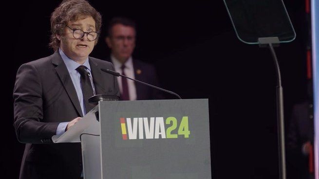 Milei en el acto de Vox en España este domingo.