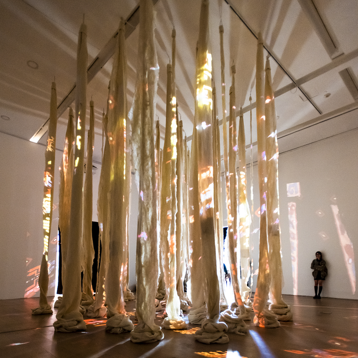 Cecilia Vicuña, Disappeared Quipu, 2018, wool and video projection with sound. Eduardo F. Costantini Collection.