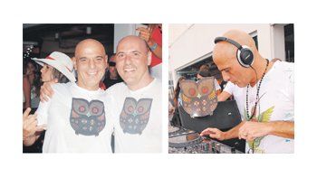 El ex Soda Stereo Z Bosio alegró la Fiesta Canchera del último sábado en el balneario 12 de Punta Mogotes, con un potente set de más de dos horas de duración. Al lado, el DJ con Fernando Rubín, gerente general del Banco Hipotecario.