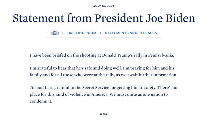 Biden released a statement through the White House. Biden released a statement through the White House.