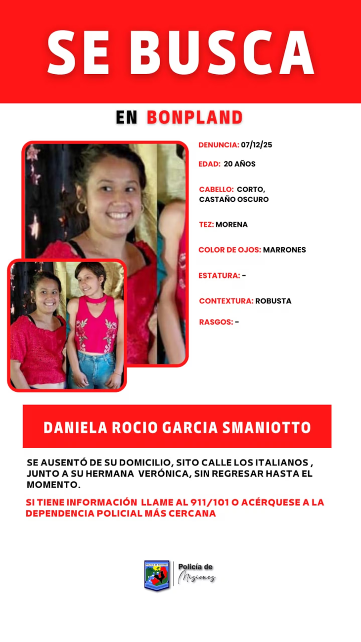 La descripción de Daniela Rocío, desaparecida desde el domingo. La descripción de Daniela Rocío, desaparecida desde el domingo.